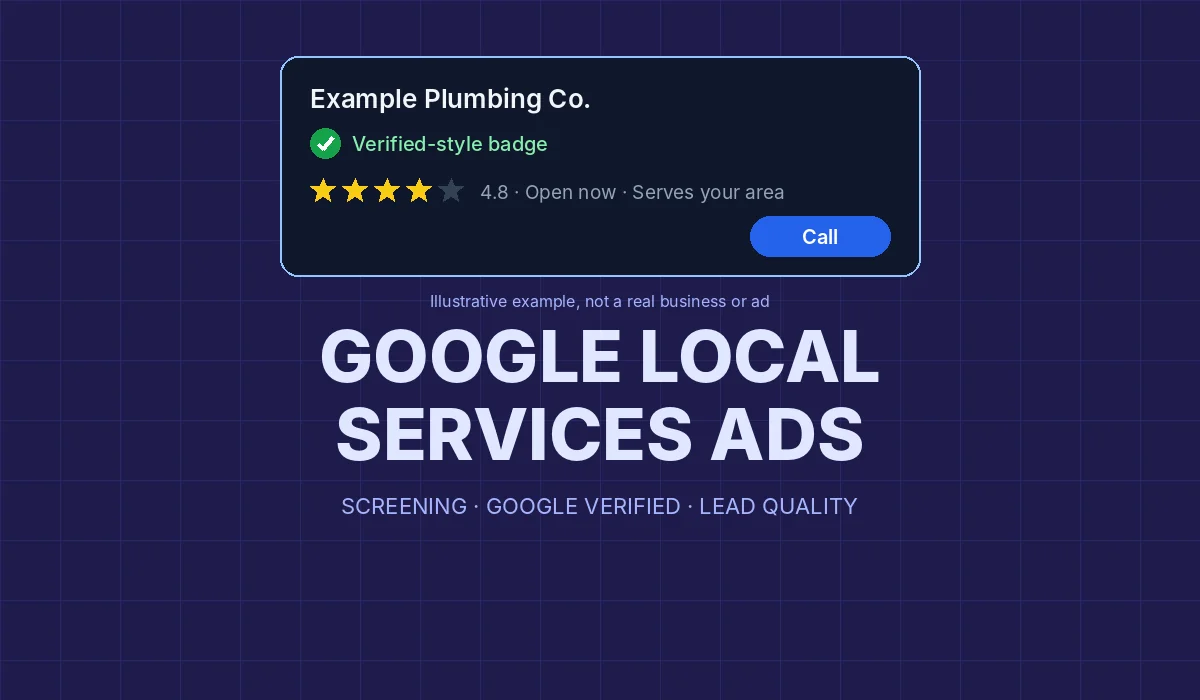 Illustrative cover showing a Local Services ad card with a Google Verified-style check mark, a star rating and a call button, next to the headline Google Local Services Ads