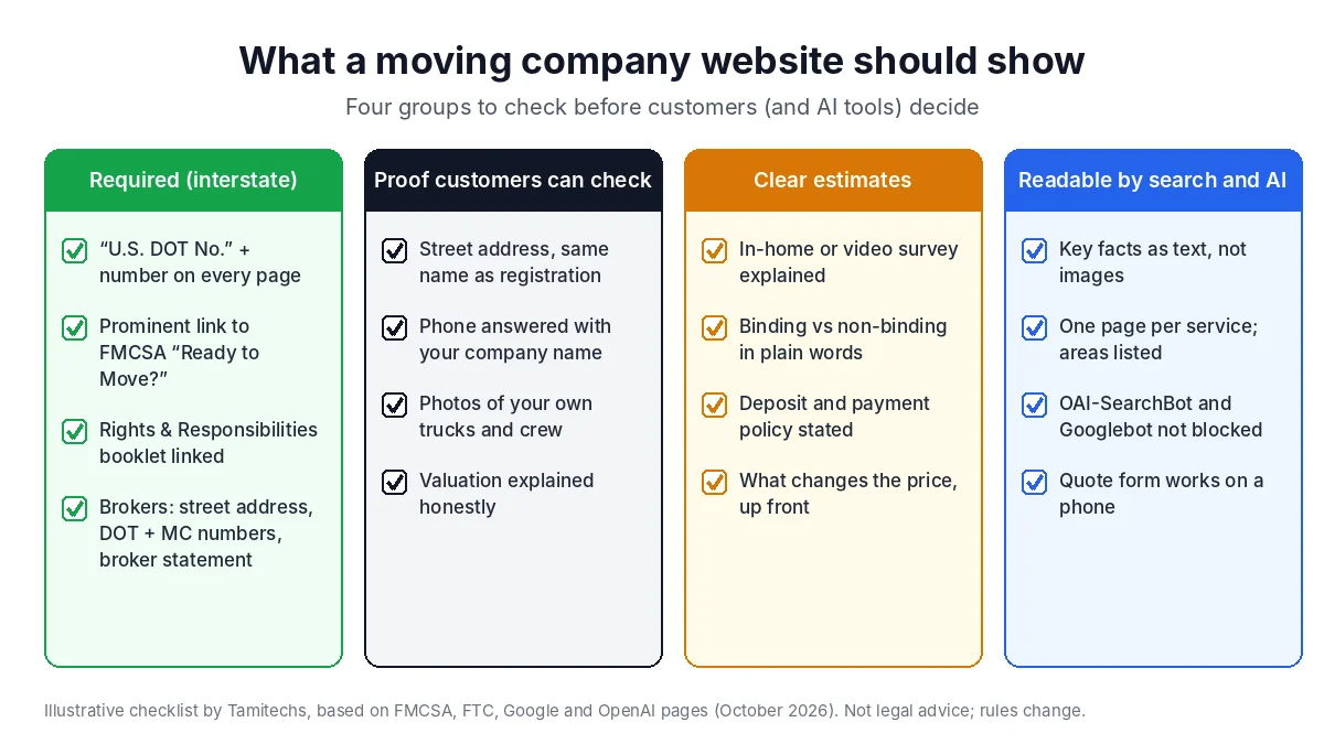 Checklist graphic for moving company websites in four groups. Required for interstate movers: USDOT number shown as U.S. DOT No. on every page, a prominent link to FMCSA's Ready to Move brochure, and access to Your Rights and Responsibilities When You Move; brokers also show a street address, USDOT and MC numbers and a broker statement. Proof customers can check: a street address, the same name as the registration, photos of your own trucks and crew, and honest valuation information. Clear estimates: how surveys work, binding versus non-binding, deposit policy and what changes the price. Readable by search and AI: key facts as text, one page per service, service areas listed, OAI-SearchBot not blocked, and a quote form that works on a phone.