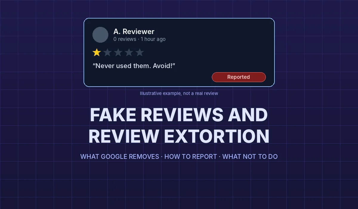 Illustrative cover showing a Google-style review card with a one-star rating marked as reported, next to the headline Fake reviews and review extortion