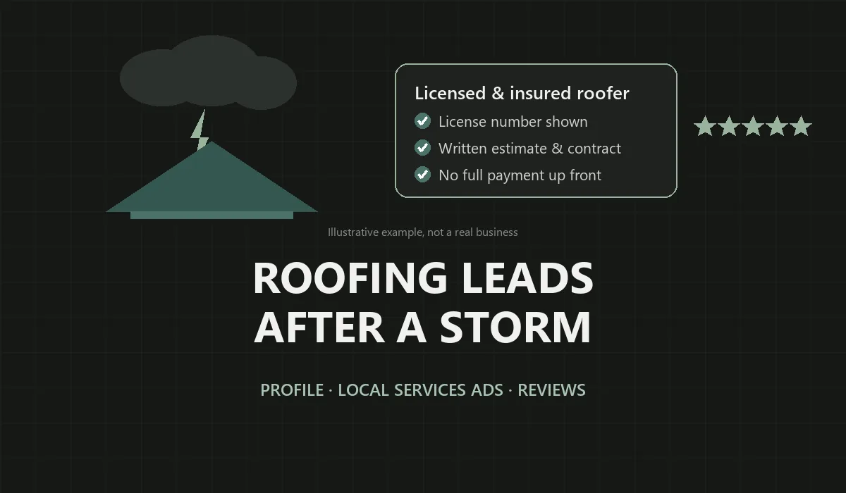Illustrative cover showing a roof with storm clouds, a verified contractor card and a review star, with the headline Roofing Leads After a Storm
