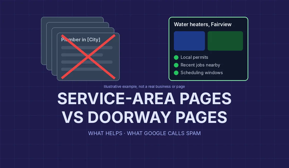 Illustrative cover showing a stack of near-identical city pages crossed out next to one detailed service-area page, with the headline Service-Area Pages vs Doorway Pages