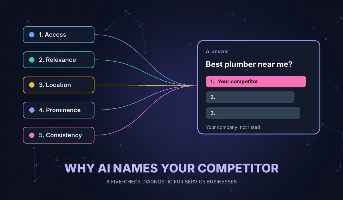 An AI answer naming a competitor first, with five diagnostic checks: access, relevance, location, prominence and consistency